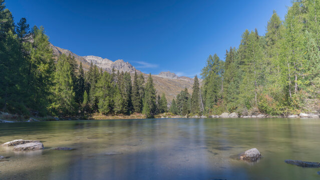 Bitabergh lake in Swiss Alps, Engadin, Bregaglia valley in autumn