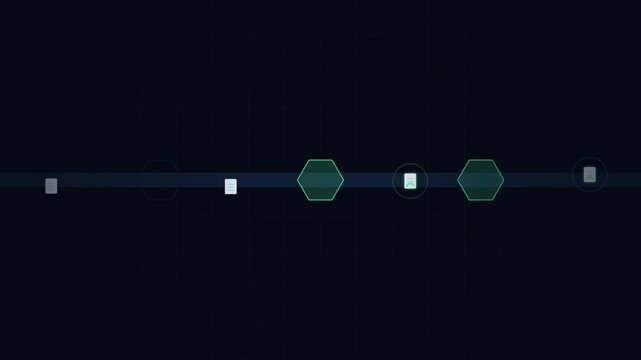 Motion graphics video of secure data icons and hexagons flowing along a horizontal path for privacy and technology concepts.