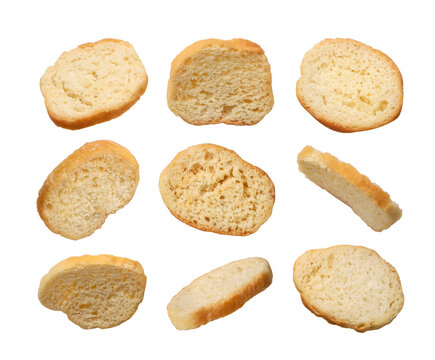 Set of round bread croutons isolated on a white. Top view