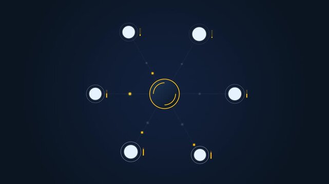 Seamless loop of a corporate procurement flow animation showing data nodes connecting to a central hub