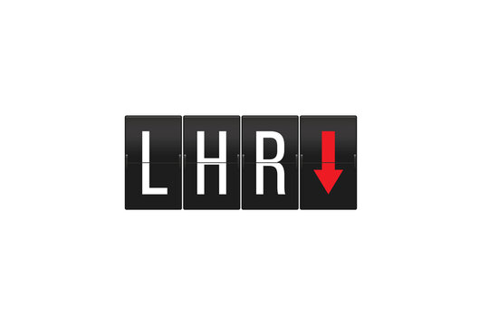 Airport split-flap display board showing the LHR code with a red downward arrow, representing negative trends or delays in air travel, presented on a transparent background