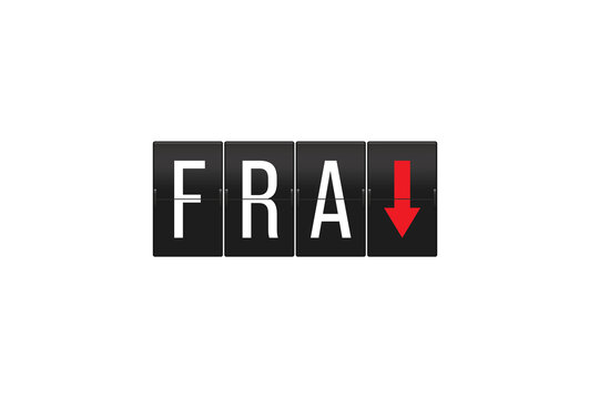 Airport code FRA with a red downward arrow on a split-flap display panel, symbolizing flight delays, cancellations or decreased activity at Frankfurt Airport on transparent background