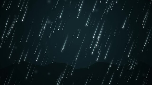 Glowing Abstract Digital Light Streaks Falling Like Meteor Rain Over Dark Mountain Silhouette Background