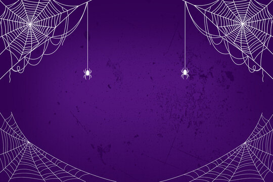 Halloween background, spooky halloween background with white spider webs and hanging spiders on a textured dark purple backdrop