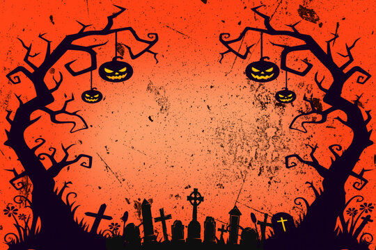 Halloween background, spooky halloween night background with haunted trees, glowing jackolanterns, and a creepy graveyard silhouette