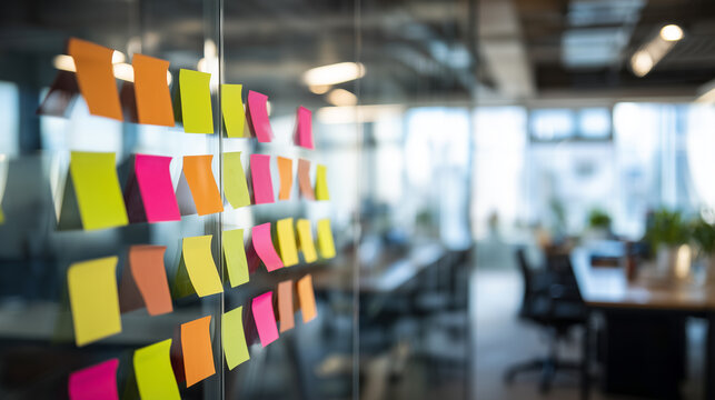 Colorful sticky notes arranged on glass wall in modern office. Business workflow and task management