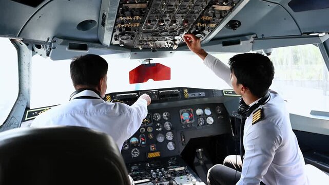 Two commercial airplane pilots, captain and co-pilot, work together in the cockpit, checking the instrument panel and overhead switches before flight.