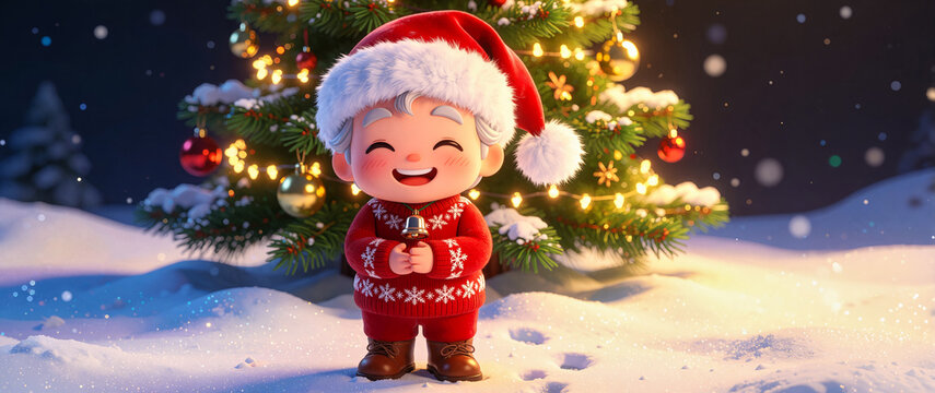 Cute 3D chibi cartoon festive elder man wearing a Santa hat brings holiday cheer