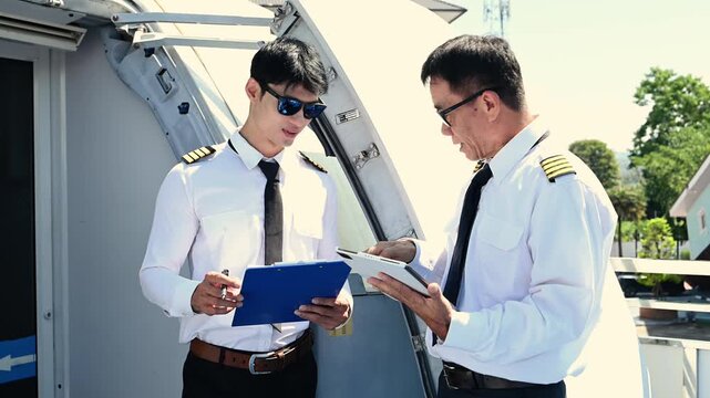 Two professional airline pilots review pre-flight safety documents on a tablet and clipboard while standing at the open aircraft door on the tarmac.