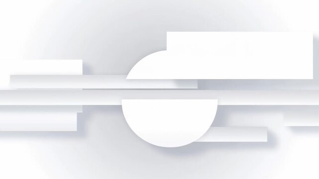 White geometric layers slide around a circular form in a minimal abstract background. Website header design, corporate branding, and technology promotion.