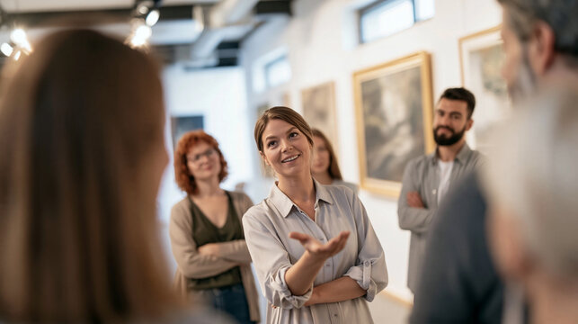Female guide speaking to diverse group of visitors in an art gallery, offering insights during a cultural tour