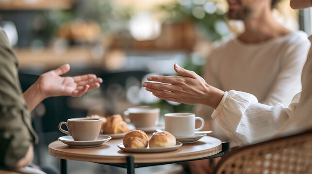 Friends gesticulating while having coffee and croissants at cafe, enjoying conversation and sharing ideas
