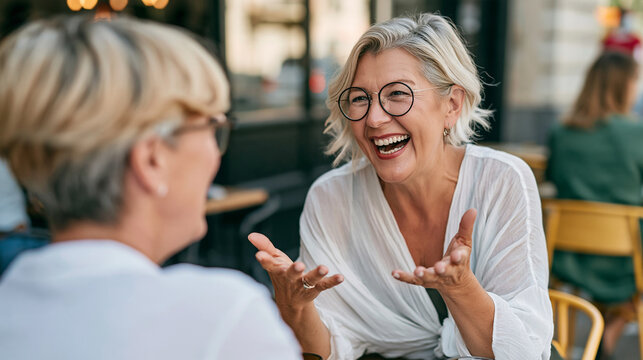 Mature woman laughing and gesticulating during conversation with friend at outdoor cafe patio