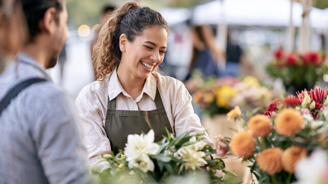 Cheerful florist helping a customer choose lovely flowers, offering top notch service at a bustling flower market