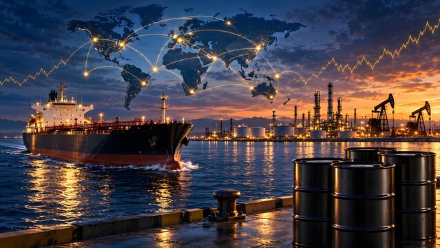 Global Oil Trade Concept With Tanker Ship Barrels Refinery And International Network Map Overlay