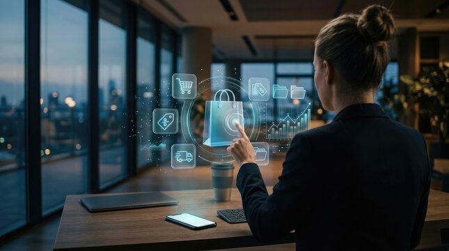Woman gazing at city skyline through window with digital interface
