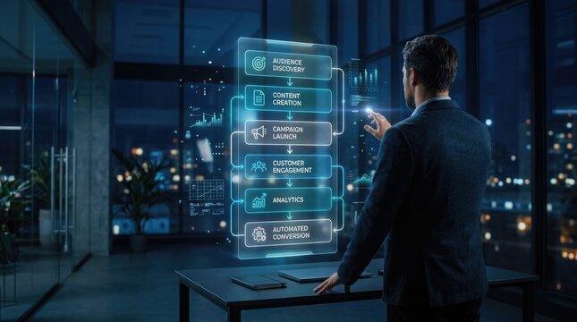 Man interacting with futuristic holographic data visualization in a modern office