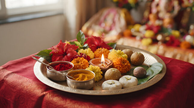 A vibrant Indian puja thali featuring a lit diya, fresh hibiscus and marigold flowers, traditional sweets like ladoo and peda, and bowls of kumkum and haldi. This sacred arrangement signifies devot...