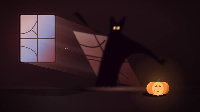 Seamless looping Halloween scene: crimson light pours through a window, a harmless shadow grows into a horned ghost monster with glowing eyes, a bat flies through the beam. Dramatic horror mood. No te