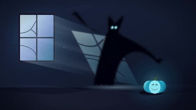 Seamless looping Halloween scene: cold cyan moonlight through a frosty window while a shadow grows into a ghost monster with icy glowing eyes and a glowing frozen pumpkin. No text, no logos.