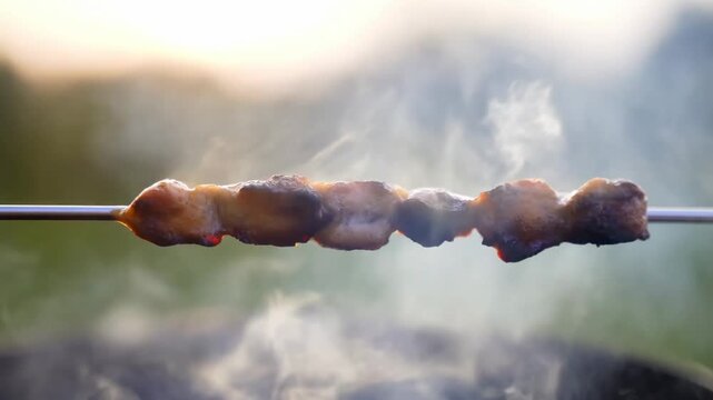 Grilled meat skewer roasting outdoors over heat with smoke rising in a close-up barbecue cooking scene. Barbecue advertising, restaurant promotion, and food packaging.