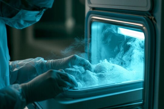 Scientist handling bioengineered tissue in cryogenic storage chamber