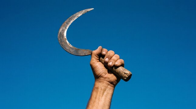 Fist holding a sickle against a clear blue sky.