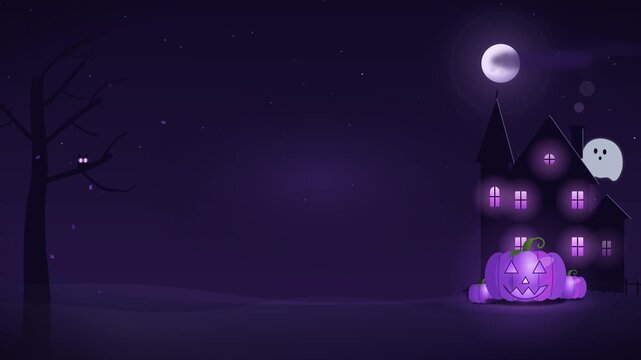 Seamless looping Halloween background with a clean dark center for text: a lavender moon, a haunted house with violet windows, a glowing purple jack-o-lantern, a gnarled tree with an owl, a peeking gh