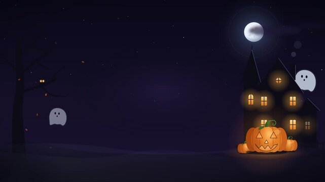 Seamless looping Halloween background with a clean dark center for text: one ghost rises behind the haunted house roof while a second ghost floats up beside the gnarled tree. Glowing jack-o-lantern, f