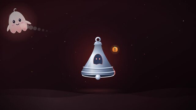 Seamless looping Halloween notification scene: a pale ghost taps a silver bell in crimson light, red sound waves burst out and a pumpkin alert badge pops up. Urgent warning mood, no text, no logos.
