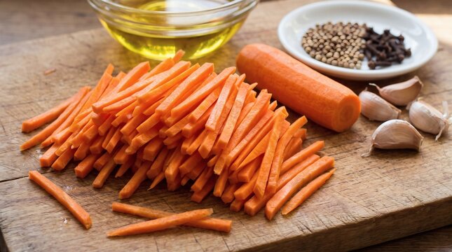 Freshly Chopped Carrots and Ingredients for Cooking on a Wooden Cutting Board.
