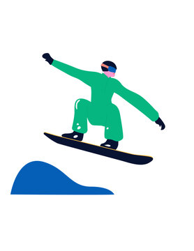 Illustration of a young boy performing a jump on a snowboard, wearing winter sports clothing and protective gear. Modern vector artwork for snowboarding, winter sports, and outdoor activities.