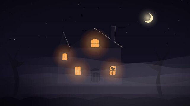 Seamless looping Halloween scene with an old haunted house emerges from drifting fog, windows light up one by one, a ghost peeks from the attic window and bats fly across a crescent moon. Clean vector