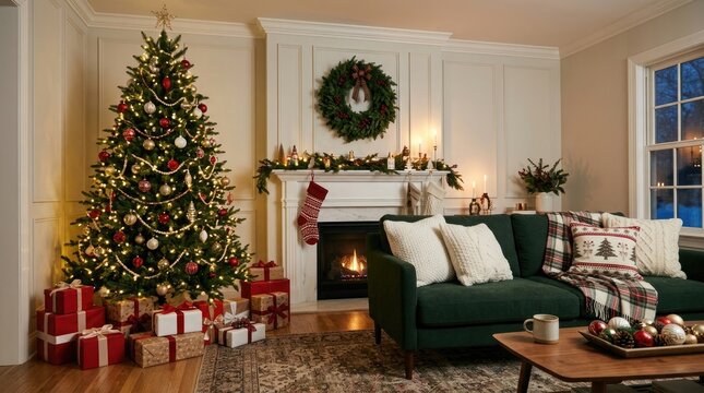 Warm and inviting living room decorated for christmas with a fully decorated tree