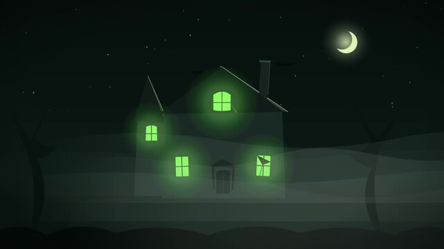 Seamless looping Halloween scene: haunted mansion with eerie toxic green windows in thick fog, ghost and bats. Great for horror, gaming and zombie themes. No text, no logos.