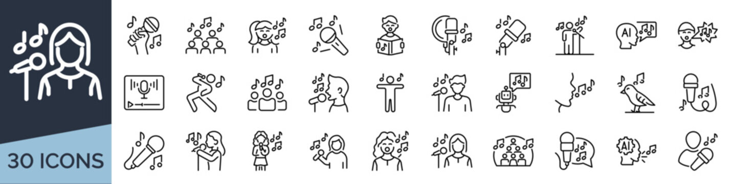 Set of 30 outline icons related to sing. Linear icon collection. Editable stroke. Vector illustration
