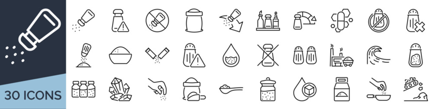 Set of 30 outline icons related to salt. Linear icon collection. Editable stroke. Vector illustration