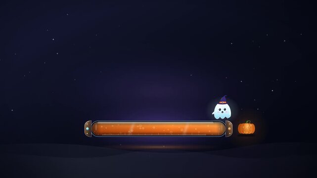 Seamless looping Halloween loading bar scene placed in the lower part of the frame with a large dark empty area above for text, titles or logos. A glass potion vial fills while a cute ghost flies ahea