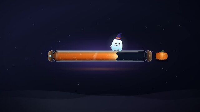 Seamless 12 second looping Halloween loading bar scene: a glass potion vial slowly fills with glowing orange elixir while a cute ghost in a witch hat glides ahead, then jumps onto a pumpkin that light