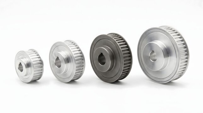 Industrial synchronous timing belt pulleys used in various mechanical drives.