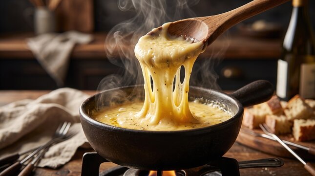 A wooden spoon scoops steaming hot melted cheese fondue from a skillet in a rustic kitchen setting.