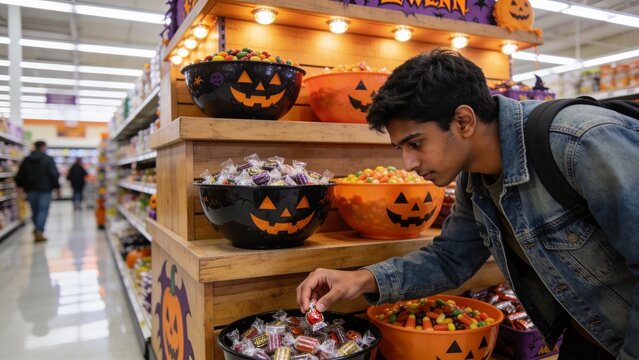 Selecting candy man in denim jacket and backpack reaching pumpkin bowls in grocery aisle