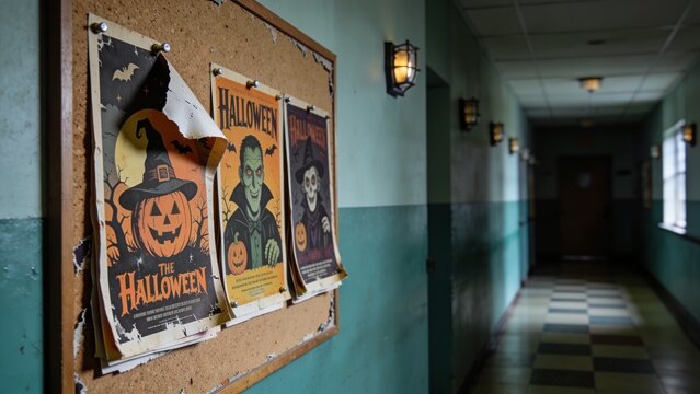 Displaying cork bulletin board with three vintage Halloween posters pinned on left wall, copy space