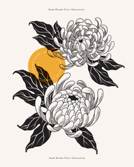 Naklejka premium Two opened buds of white chrysanthemum on a light background. Tattoo sketch. Garden flowers, vector illustration. Botanical illustration for floral design of invitations, cards.