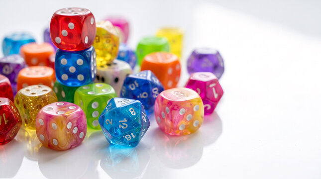 Assorted Colorful Polyhedral Dice Scattered on White
