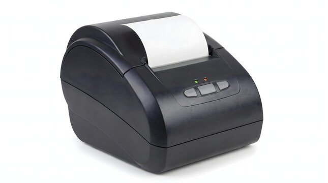 Black thermal receipt printer printing blank paper on white background.