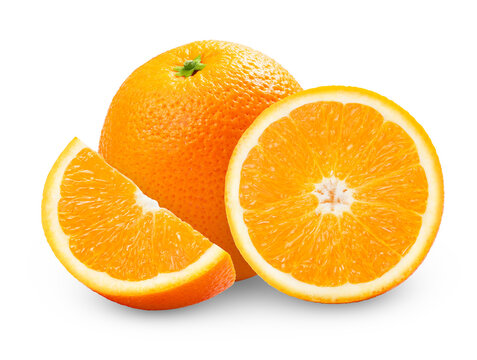 Juicy fresh oranges isolated on white background. Navel orange, cut in half and slice of orange fruit isolate.