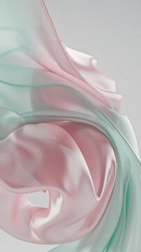 Pastel pink and mint green liquid silk flowing gracefully through the air, intertwining in a smooth, elegant dance, high-fashion commercial visual effect
