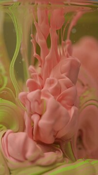 Macro abstract background video of colorful liquid oil paints swirling and mixing in crystal clear water, vibrant neon Olive Green and Oldrose hues blending smoothly, seamless slow-motion fluid motion