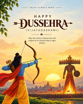 Lord Rama aims his bow and arrow towards a burning Ravana effigy to celebrate the Hindu festival of Dussehra.